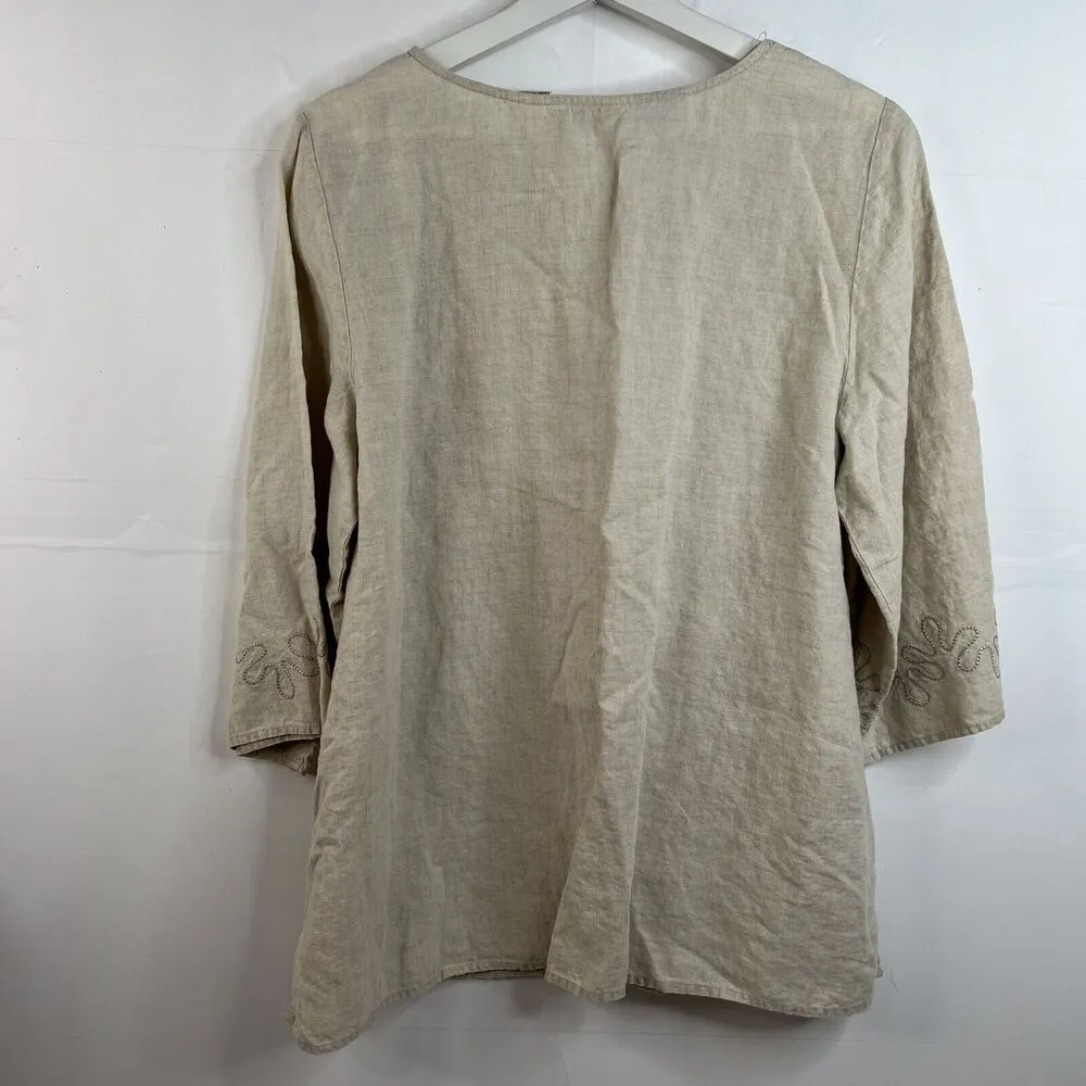 VTG Woman’s Sz 1X Tunic Top Irish Linen Embroidered Lagenlook Long Sleeve Shirt Tan - Image 11