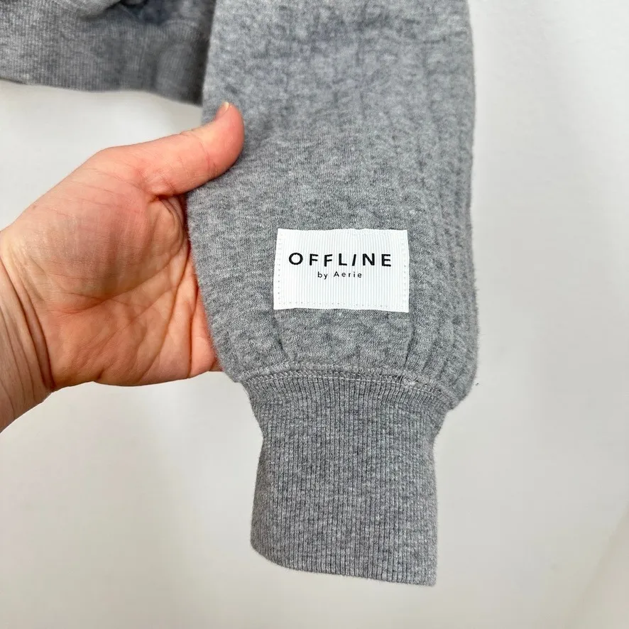 Aerie OFFLINE Quilted Cropped Hoodie Gray Thumbhole Long Sleeve Size Small - Image 3