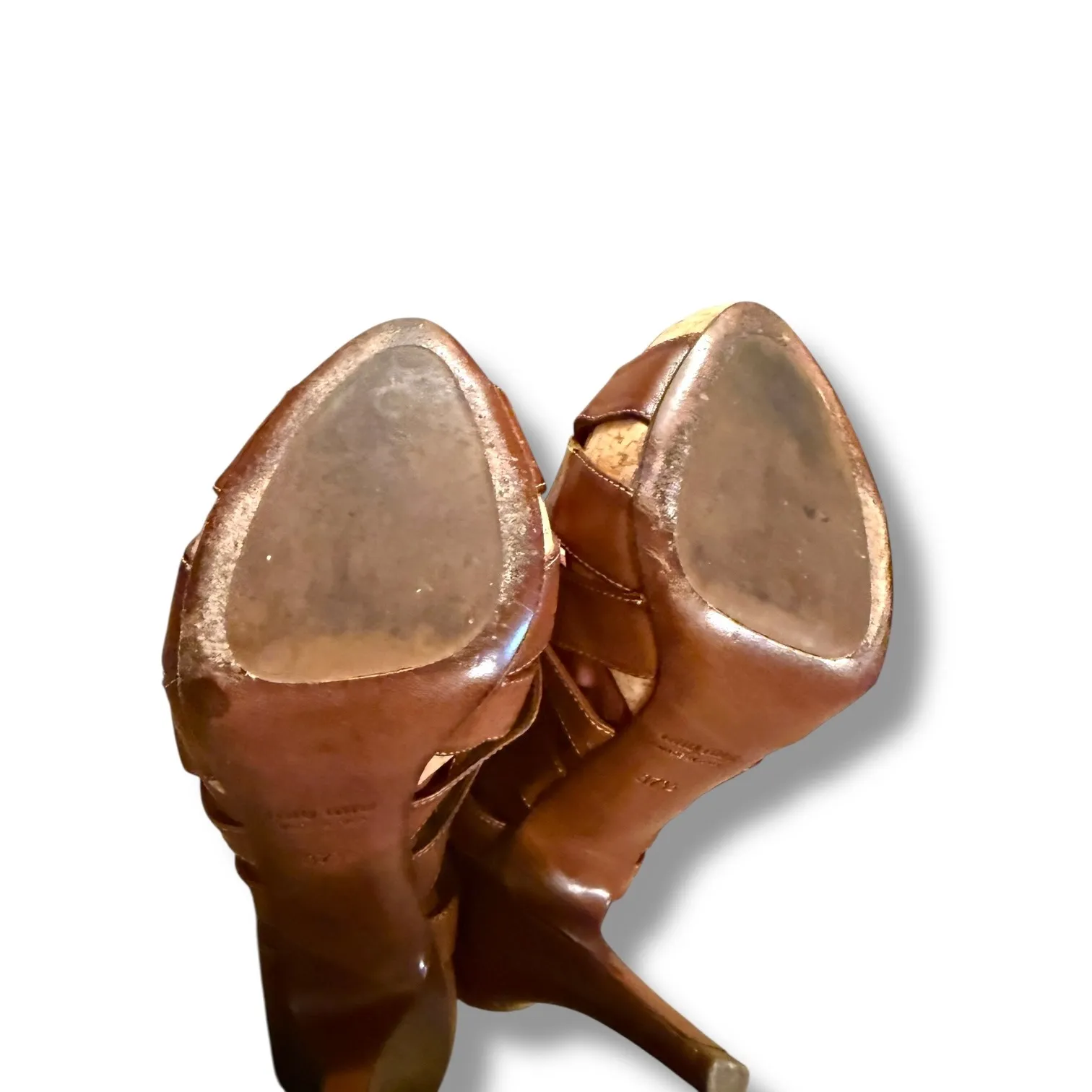 Miu Miu Strappy Heels Women's Size 37.5 Brown Leather Platform High Heel Dressy - Image 14