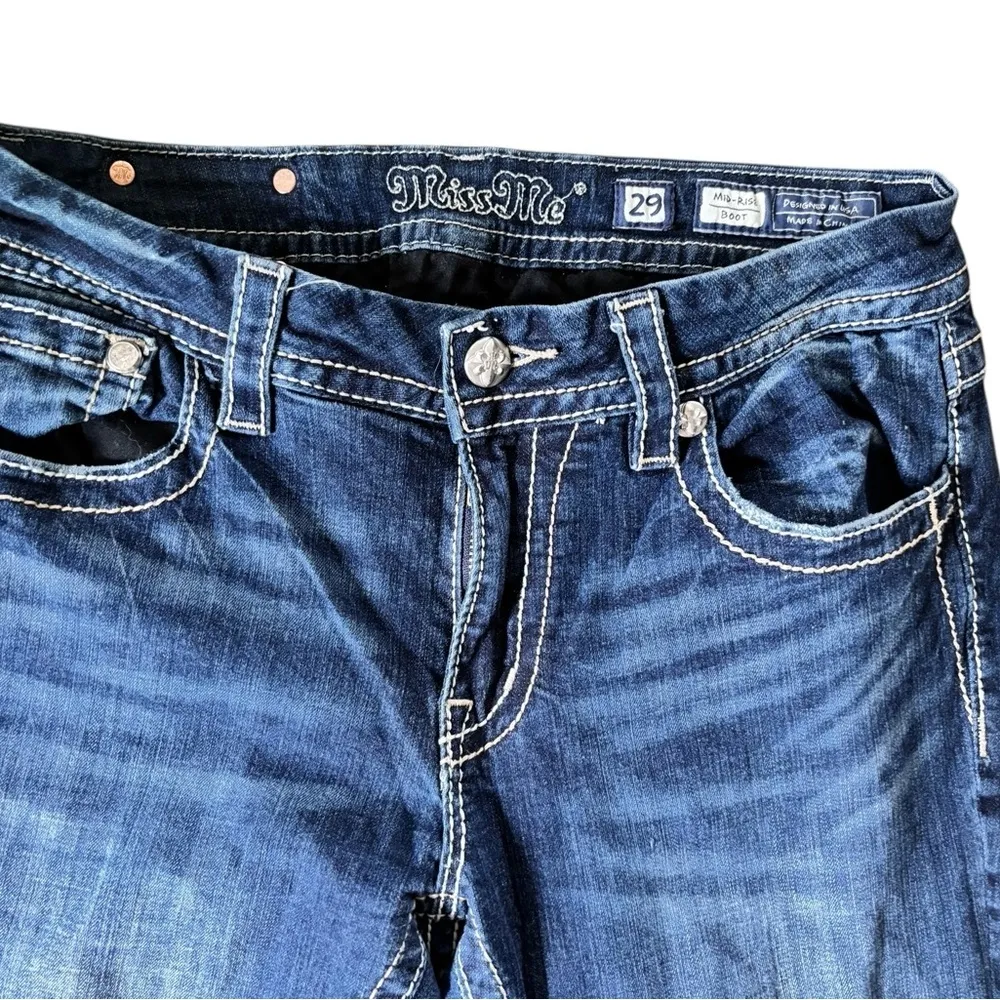 Miss Me Mid~Rise Boot Denim Jeans Sz 29X32.5 Stretch Bling Flap Pockets Distress - Image 3