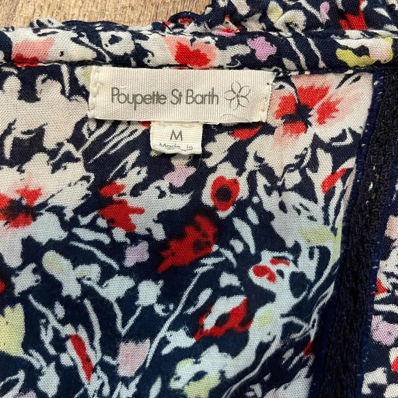 Poupette St Barth Floral‎ Mini Dress Tie Neck Sleeveless Tassel Medium Blue - Image 7