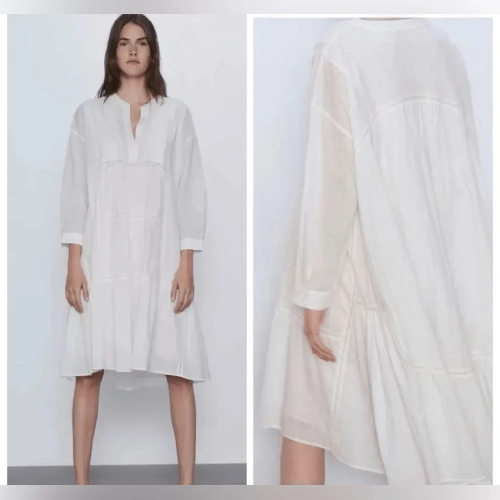 Zara midi Dress voluminous embroidered Boho babydoll oversized women sz M cotton - Image 2