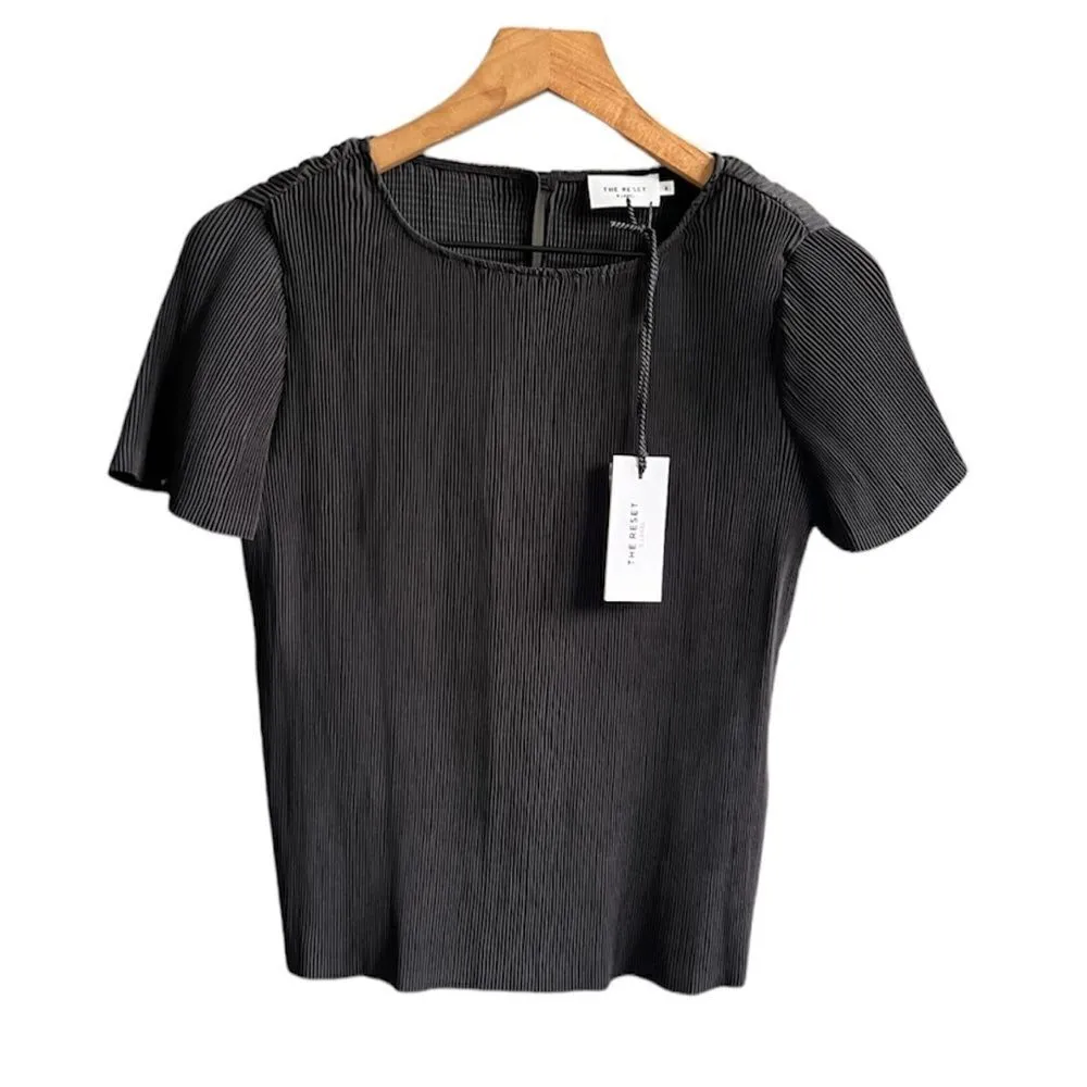 The Reset R Label Plisse Top Black NWT Small Short Sleeve Satin Pleated Shirt - Image 4