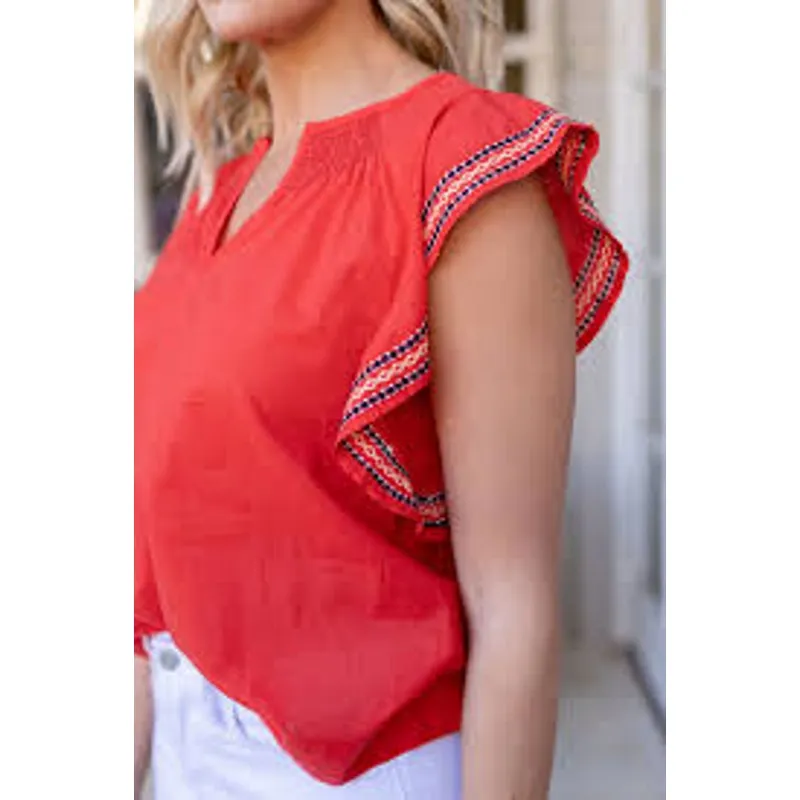 Ellison  Women's Size Large Red Embroidered Ruffled Sleeves‎ Blouse - Image 2