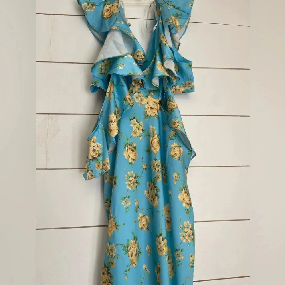 Asos Design Petite Satin Midaxi Dress With Multi Flutter Sleeves In Blue Floral - Image 7