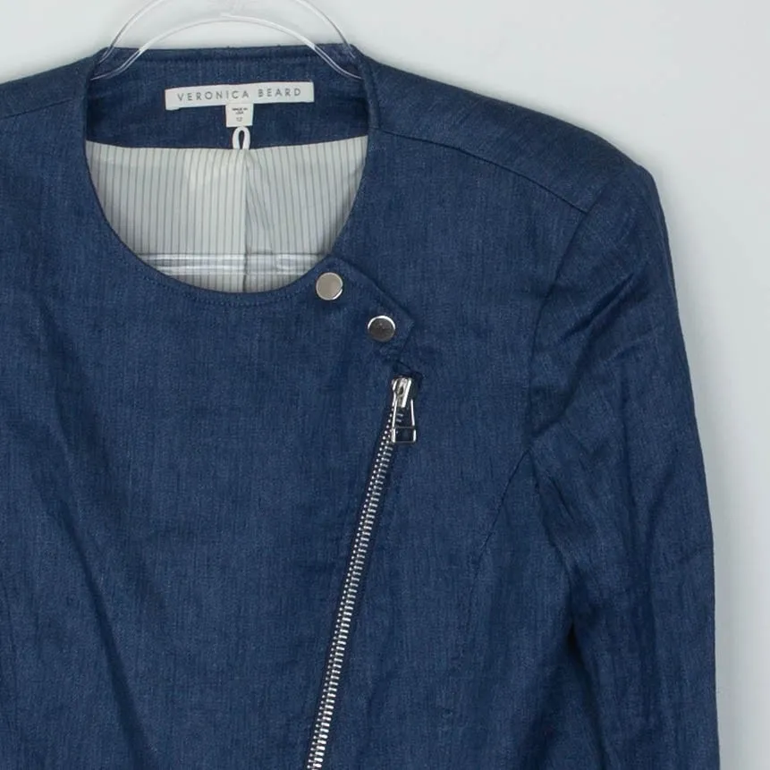 Veronica Beard Blue Linen Blend Asymmetrical Zip Moto Jacket Womens Size 12 Edgy - Image 3