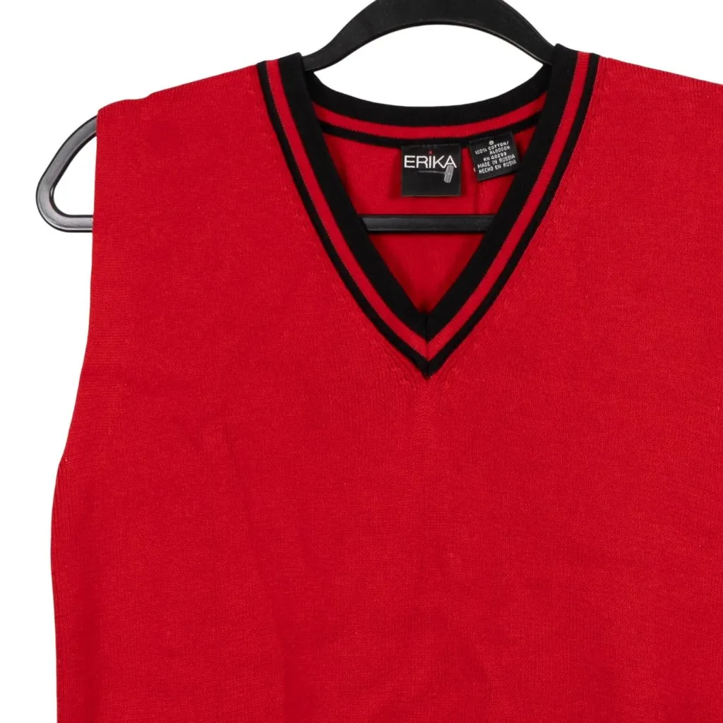 Erika VTG Sweater Vest S VNeck Red Black Trim Old Money Academic Classic Stretch - Image 2