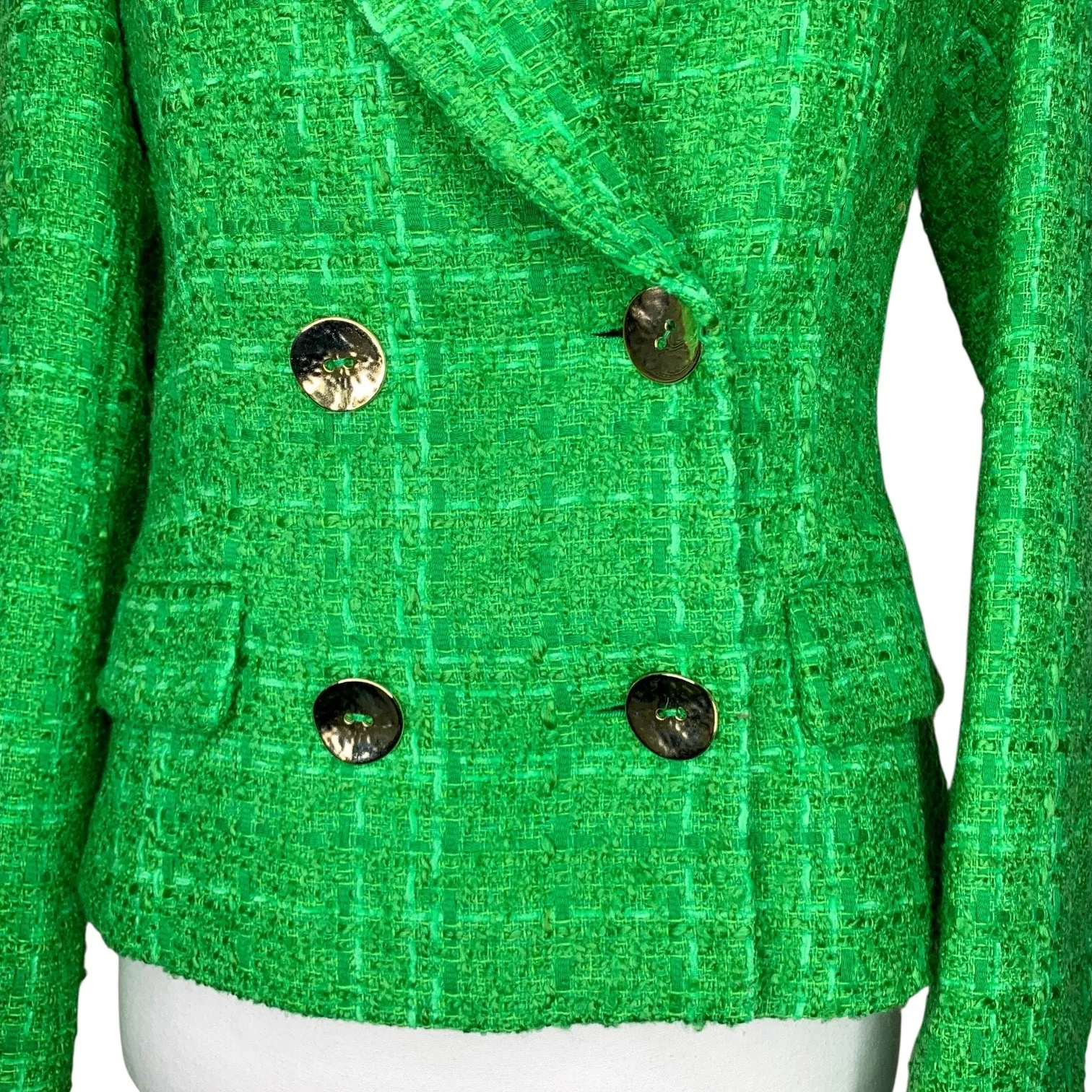 Zara Kate Middleton Textured Tweed Boucle Apple Green Gold Button Cropped Blazer - Image 13