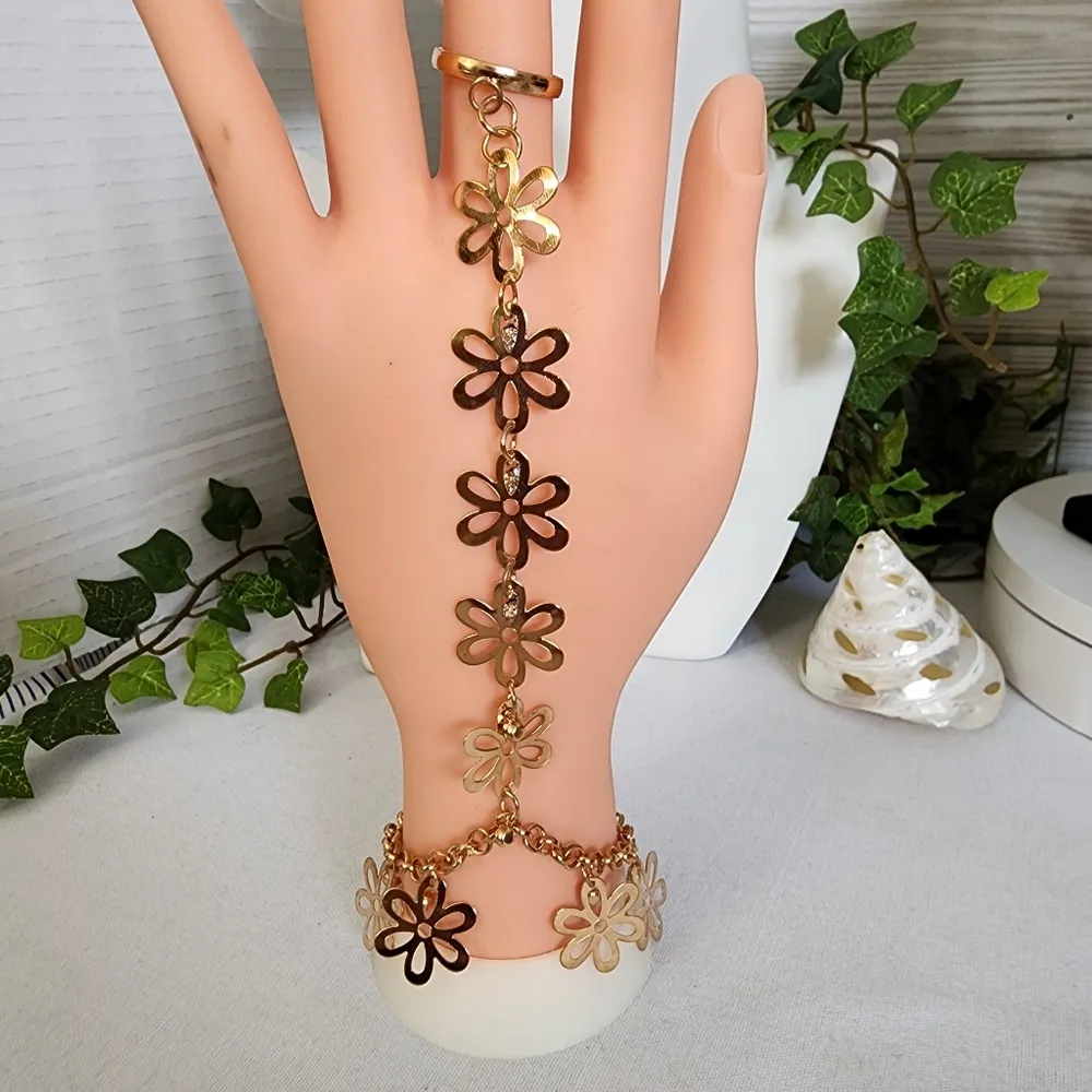 Gold Flower Bracelet with Attached Ring - Image 4