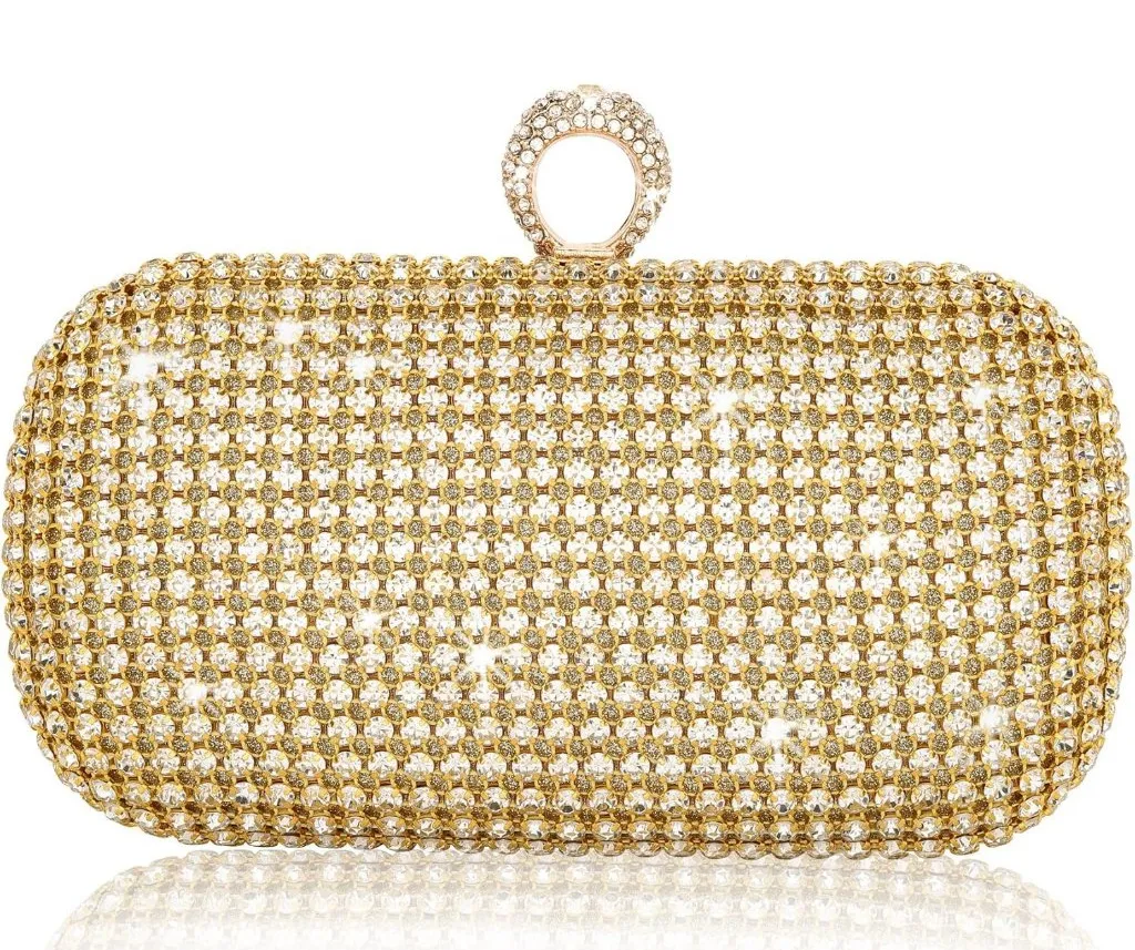 ⚡ Women's Rhinestone Evening Sparkly Glitter Crystal Ring Clasp Gold Clutch Bag - Image 1