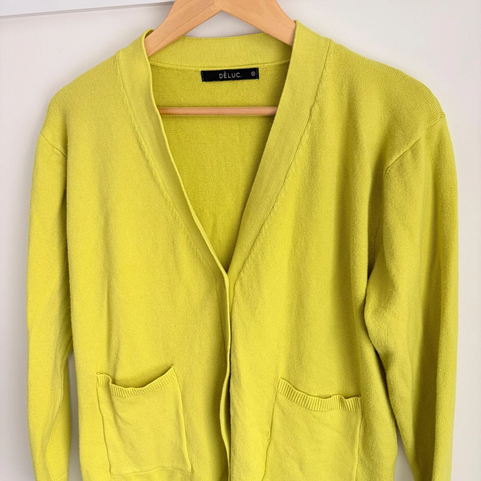 Deluc Knit Soft Yellow Green Cardigan Sweater Small V - Image 3