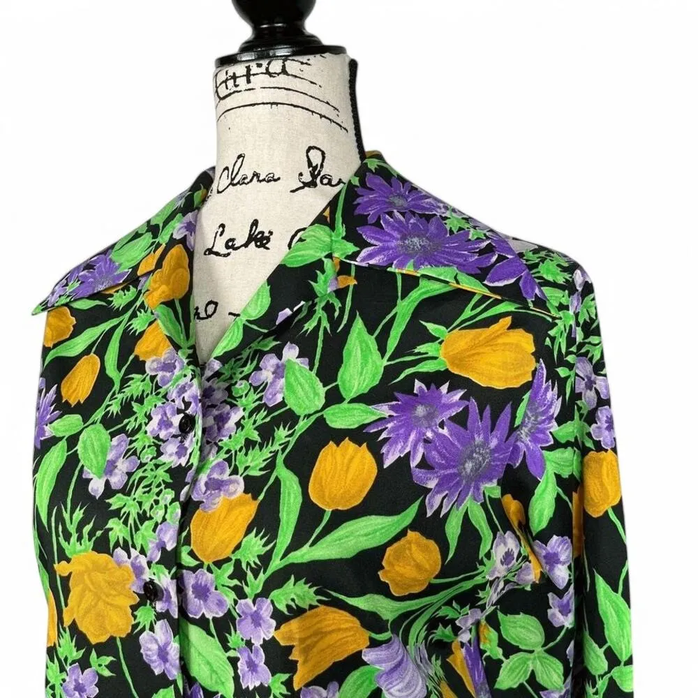 1970s Floral Print Blouse Le Soft Shirt Lady Manhattan Glows in UV Blacklight Orange Size 14 - Image 7