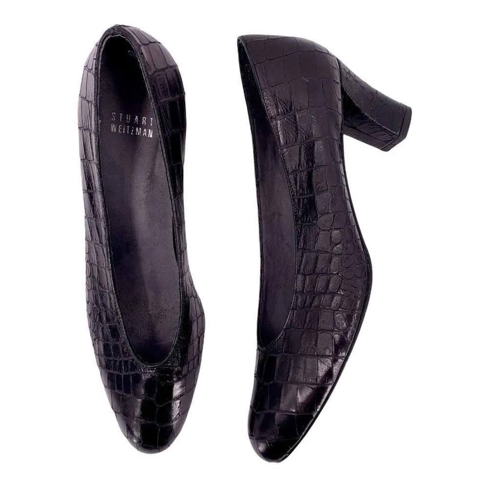 STUART WEITZMAN Black Leather Mock Croc Mid Heel Pumps Size 9 M - Image 2