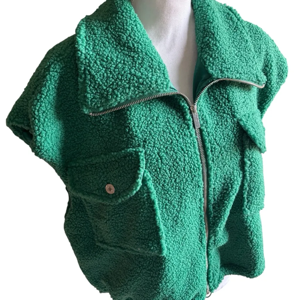 Emerald Green Sherpa Zip Cargo Pocket Vest - Image 5