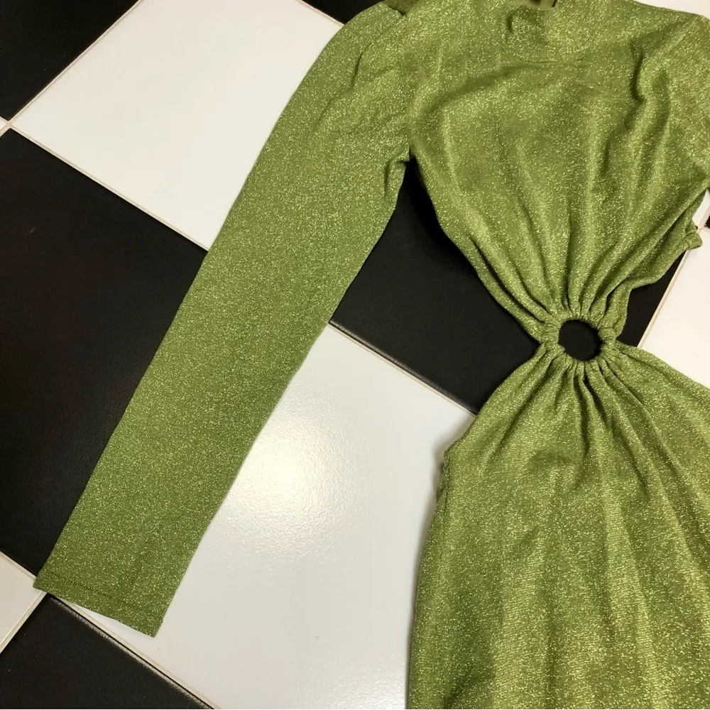 Ronny Kobo Chryssa Stretchy Cut Outs Midi Dress Mock Neck Metallic Green Gold XL - Image 10