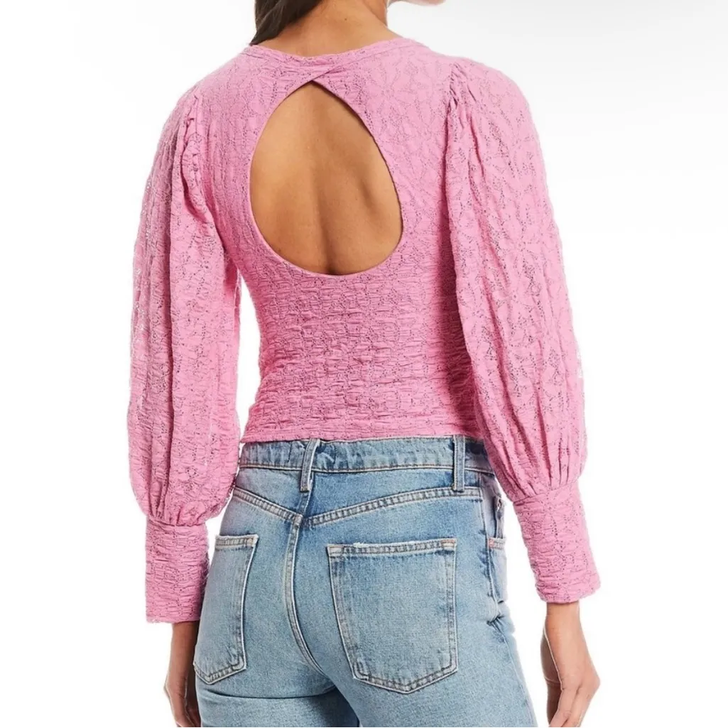 Free People Pink Tea Time Floral Lace Coquette Preppy Boho Cut Out Back Blouse M - Image 2