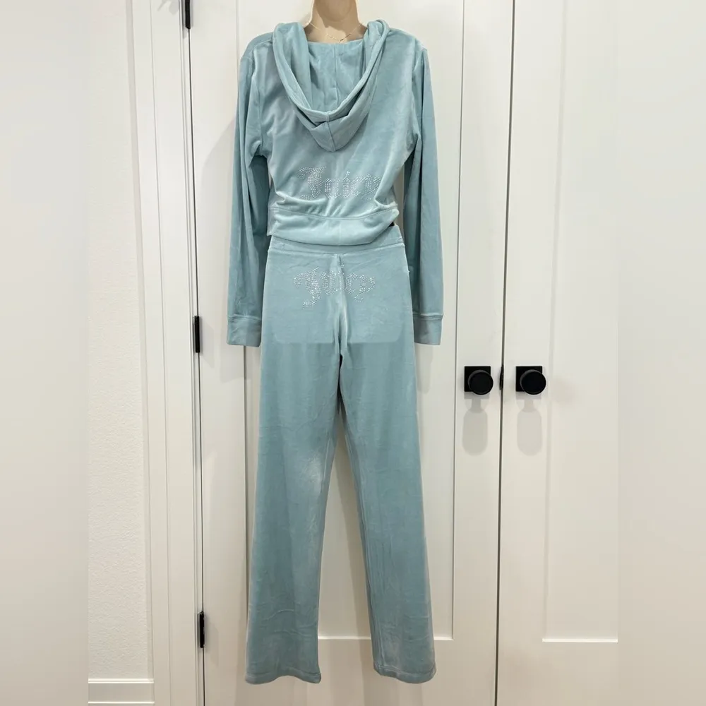 Juicy Couture OG Big Bling Velour Hoodie Track Pants Set Pastel Turquoise Large - Image 7
