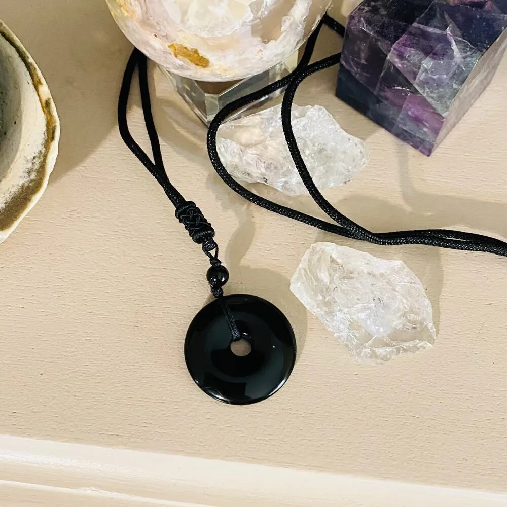 Black Obsidian Gemstone Circle Donut Pendant with Adjustable Rope Necklace - Image 2