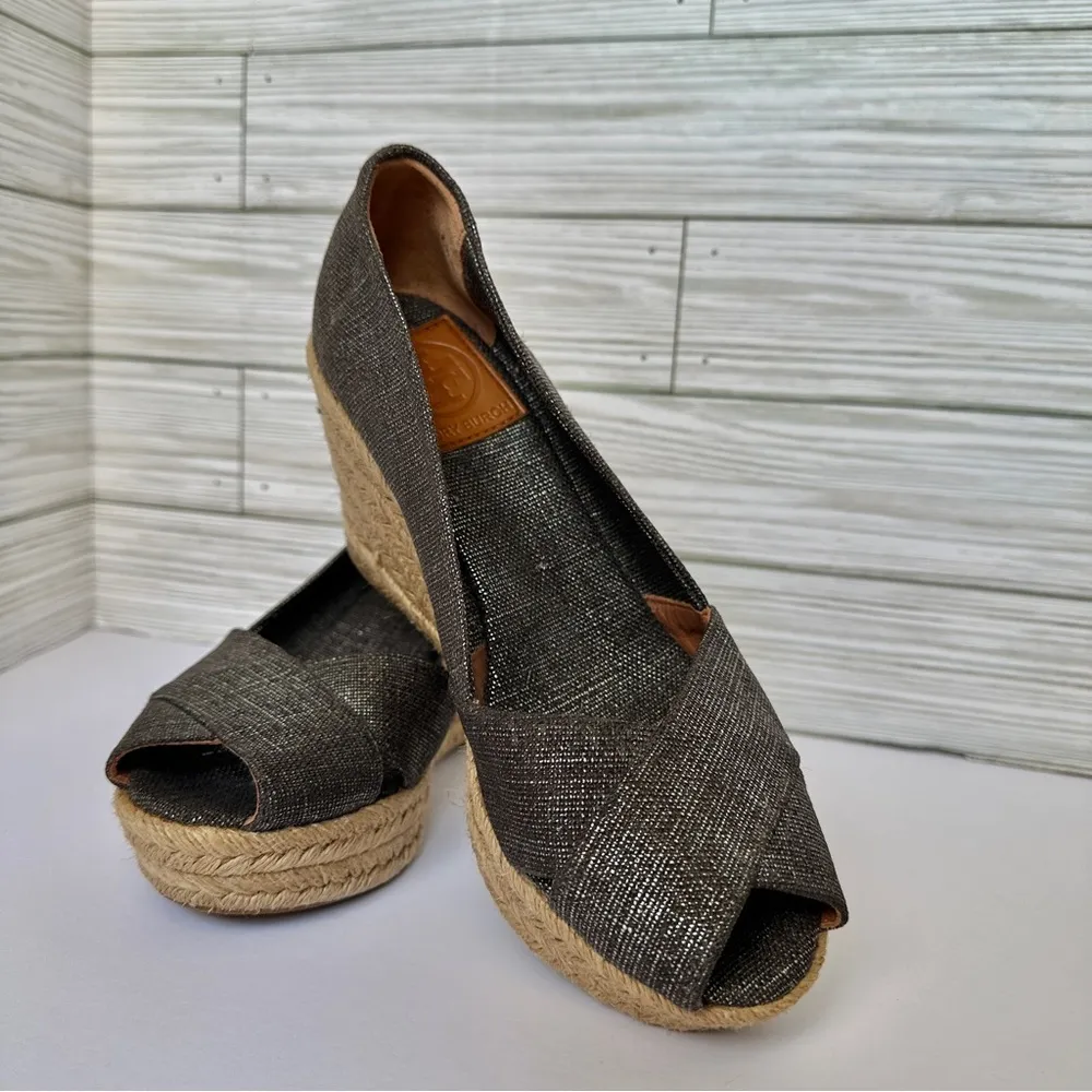 Tory Burch Filipa Espadrille Wedge Sandals | Sz 6 1/2 | Metallic Peter Canvas - Image 2
