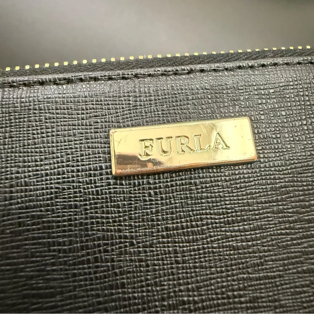 FURLA Black Saffiano Textured Leather Zip Around Gold-tone Zip Pull Wallet 8”X4” - Image 13