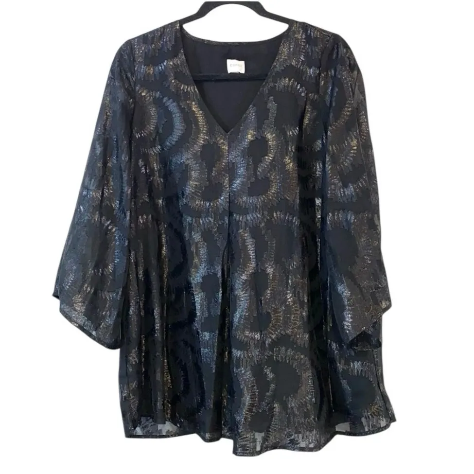 Cupio Sheer V-Neck Flowy Blouse Bell Sleeves Medium - Image 2