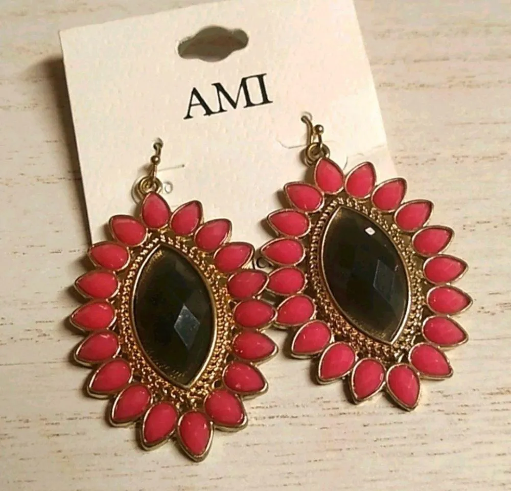 AMI gold tone brown and rose beaded statement earrings - Image 12