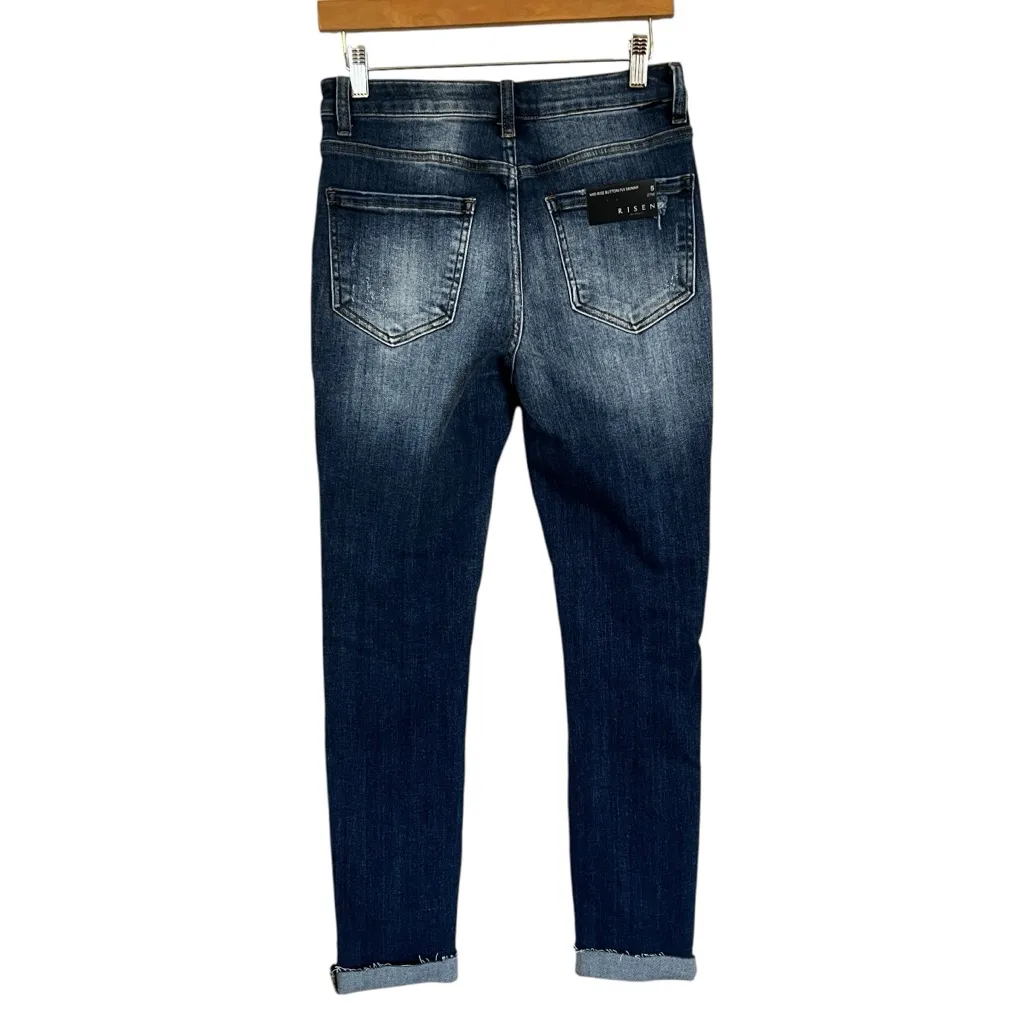 NWT RISEN MID RISE BUTTON FLY DISTRESSED SKINNY JEAN WOMEN’S SIZE 5/27 Blue - Image 4