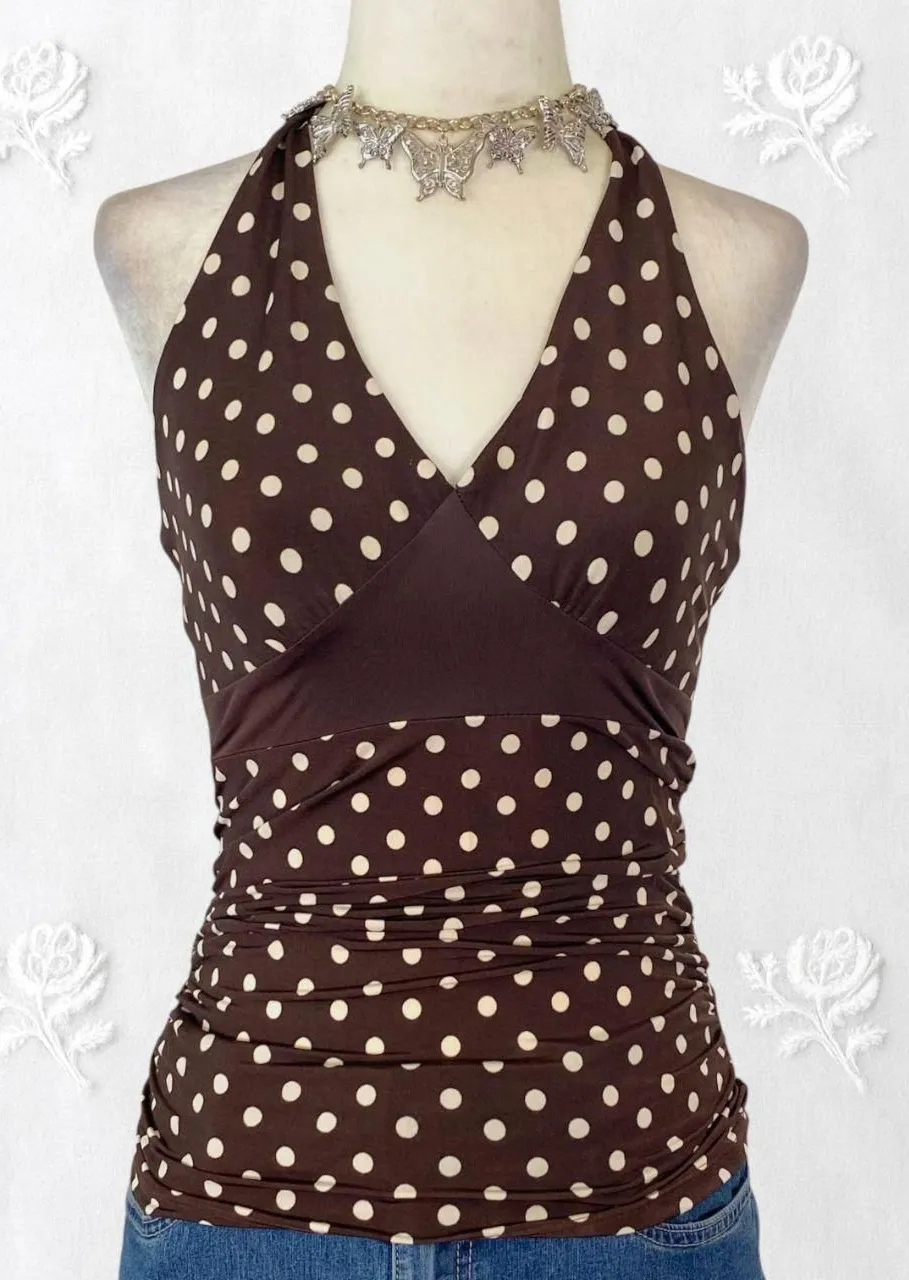 Early 2000's Cinched Soft Brown Cream White Polkadot Babydoll Halter Top M Size M - Image 2