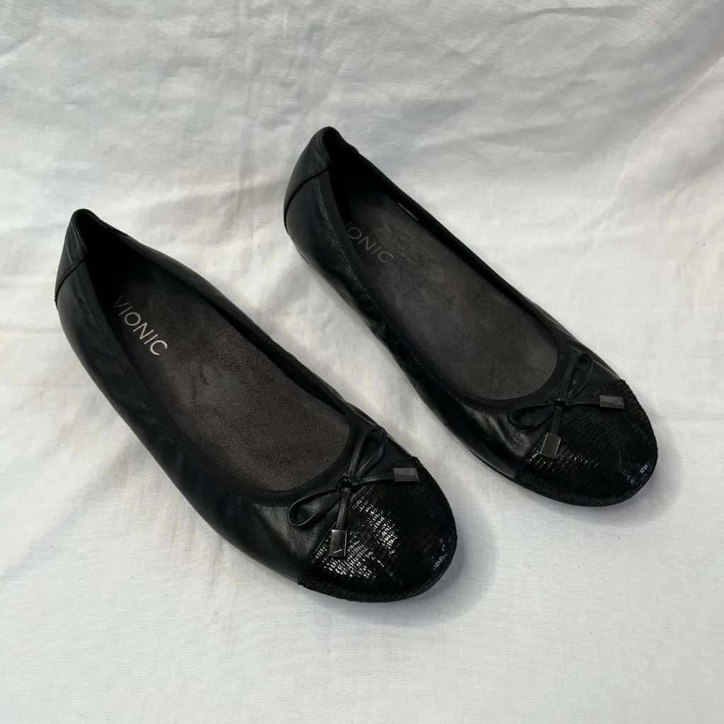 Vionic Womens Black Minna Leather Sequin Cap Toe Bow accents ballet Flats size 8 - Image 2