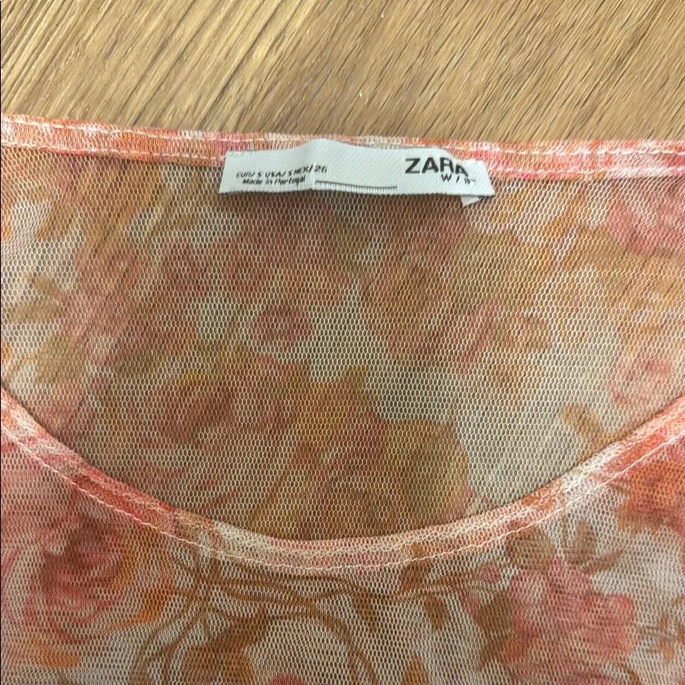 Zara Small Orange & Pink Rose Floral Print Mesh Sheer Long Sleeve Ruched Blouse - Image 3