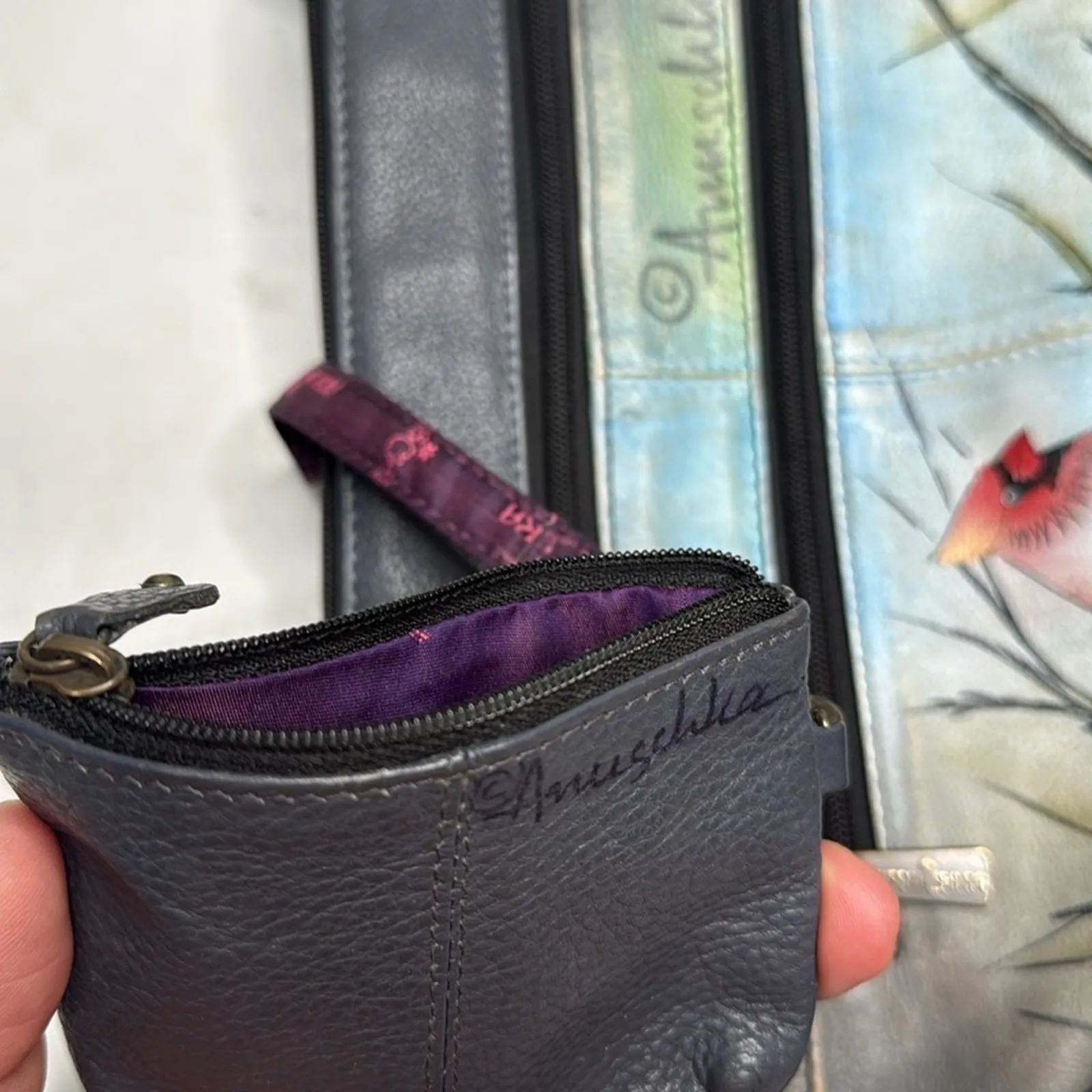 ANUSCHKA Medium Crossbody Cardinal Bird Double Zip Pocket Painted Signed Artwork - Image 9