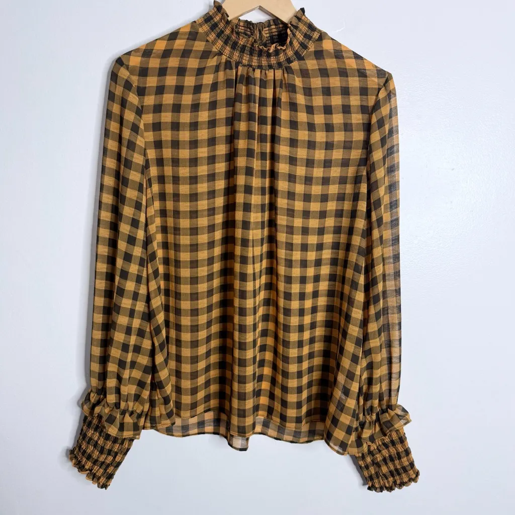 English Factory Mock Neck Checkered‎ Sheer Blouse Orange Black Size Large - Image 2