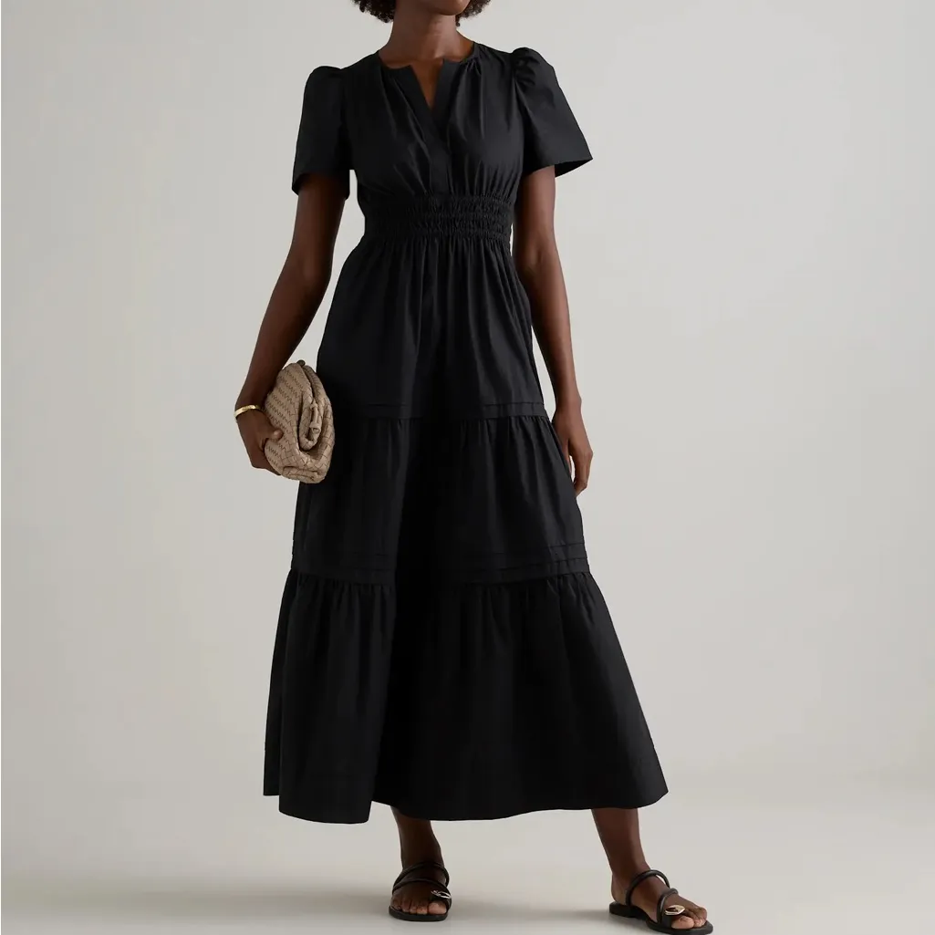 NWT Quince Women’s 100% Organic Cotton Poplin Tiered Maxi Dress Black Sz L - Image 3