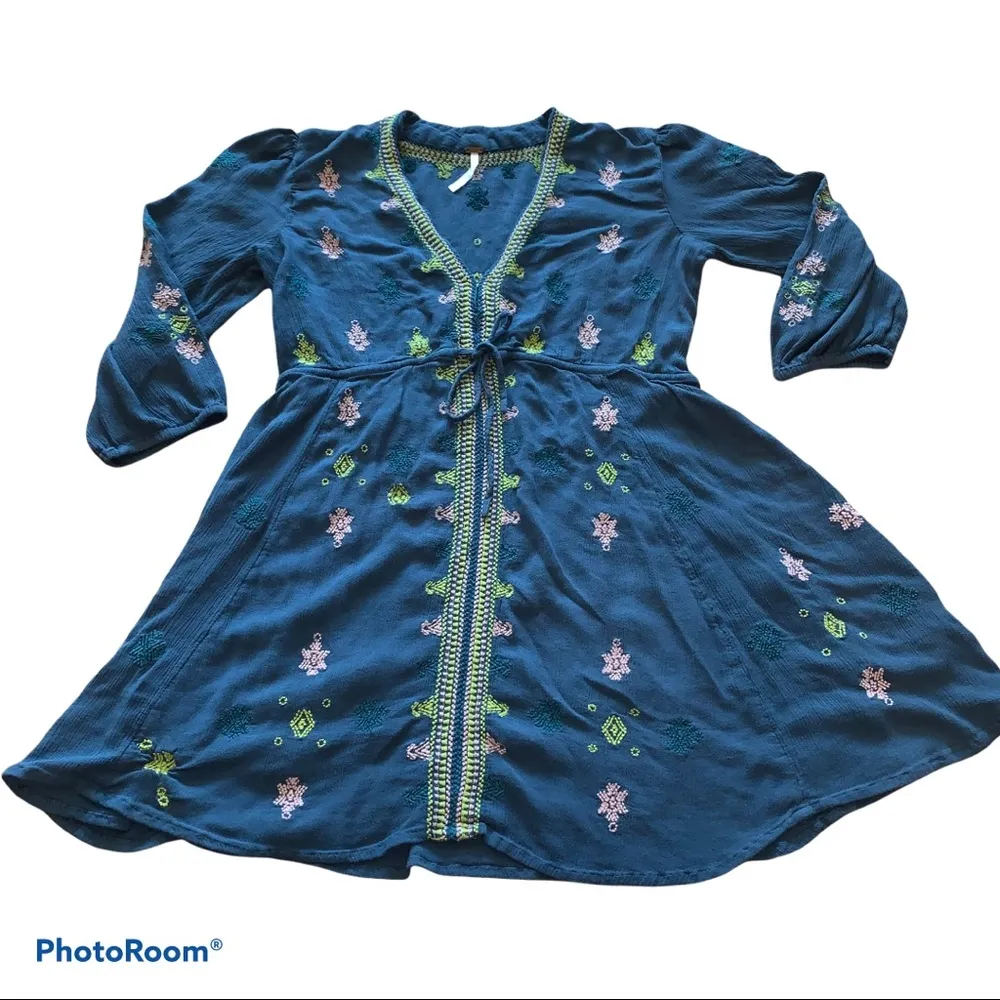 FREE PEOPLE Star Gazer Embroidered Boho Peasant Tunic Dress size XS - Image 3