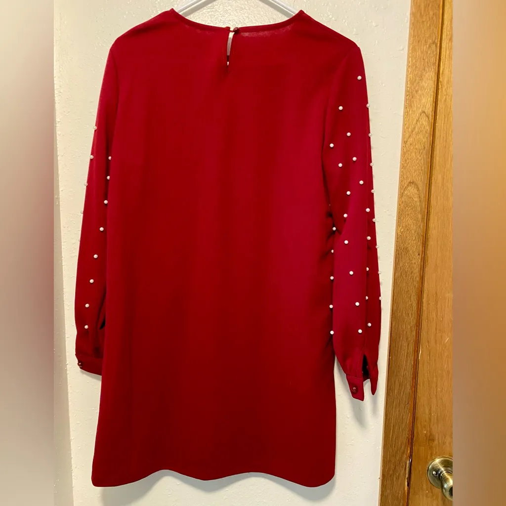 Red Long Sleeve Tunic Dress w/ Pearl Detail - Image 7