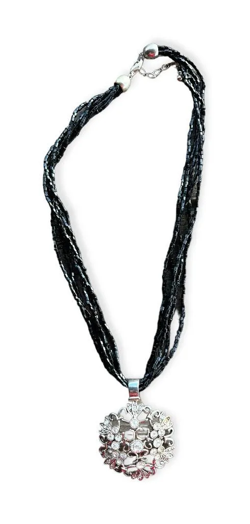 Vintage Premier Designs Holiday Seed Bead Rhinestone Holiday Snowflake Necklace - Image 1