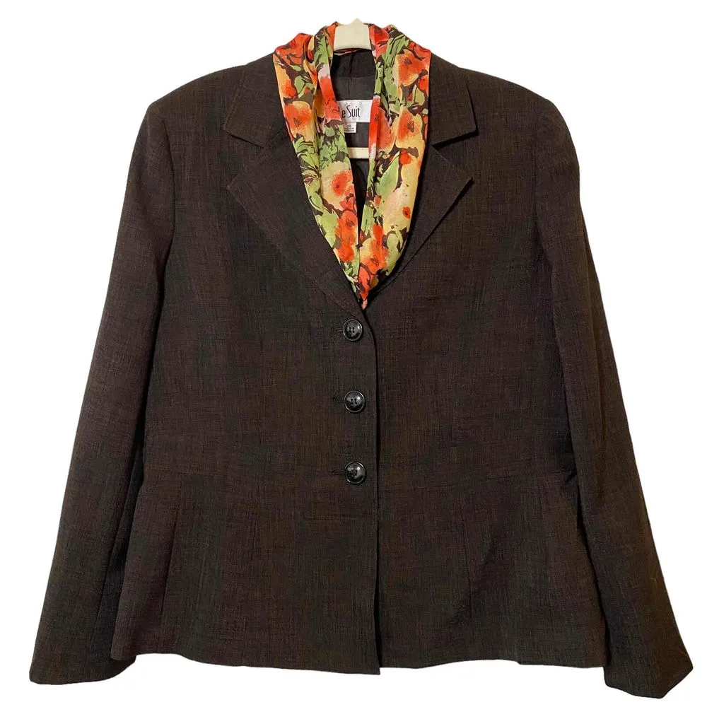 Le Suit Womens‎ Deep Brown Blazer Single Breasted Floral Scarf Size 14 - Image 1