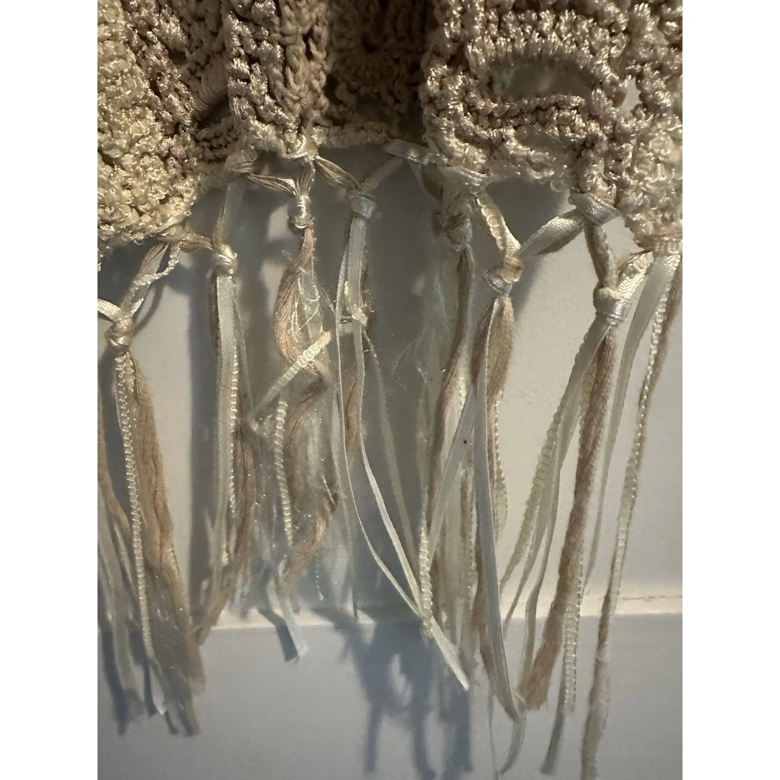 Women’s Boutique Crochet Cream High Low Shawl Duster Fringe Sz S - Image 5