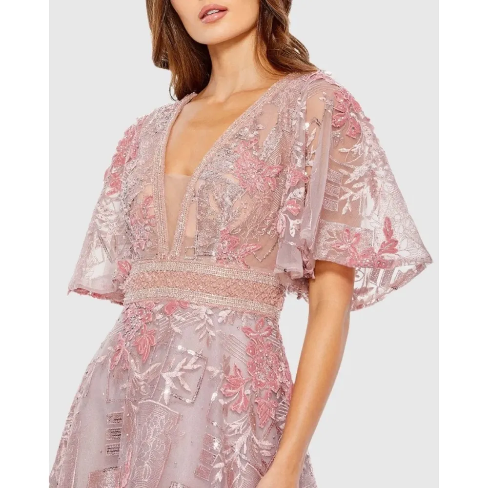 Mac Duggal 20262 Pink Embroidered Flounce Sleeve A Line Gown Size 6 NWT - Image 3