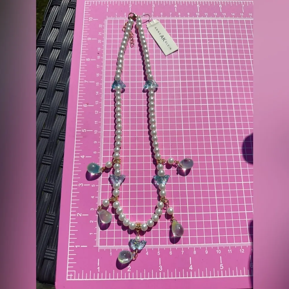 Anne Klein white pearl necklace light blue crystal resin butterfly teardrops - Image 7