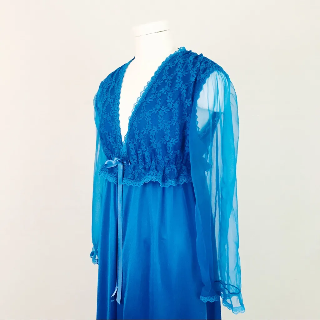 Vintage 90’s Lace Nightgown + Robe in Cerulean Blue | Size M Size M - Image 4