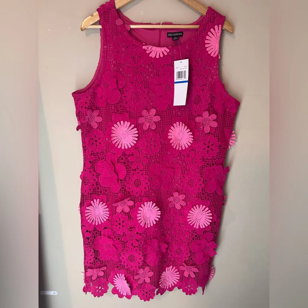 NWT Nina Leonard Sleeveless 3D Floral Lace Midi Dress Dragon Fruit Multi Size XL - Image 3