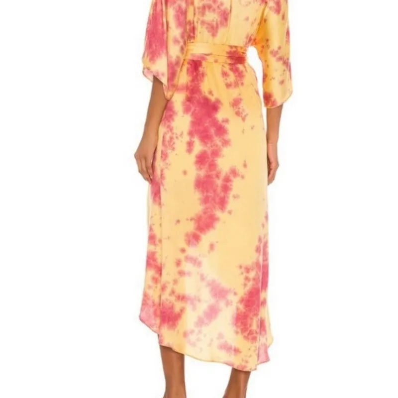 Privacy Please Faux Wrap Dress Small Yellow Tie Dye Summer Hippie Beachy - Image 2
