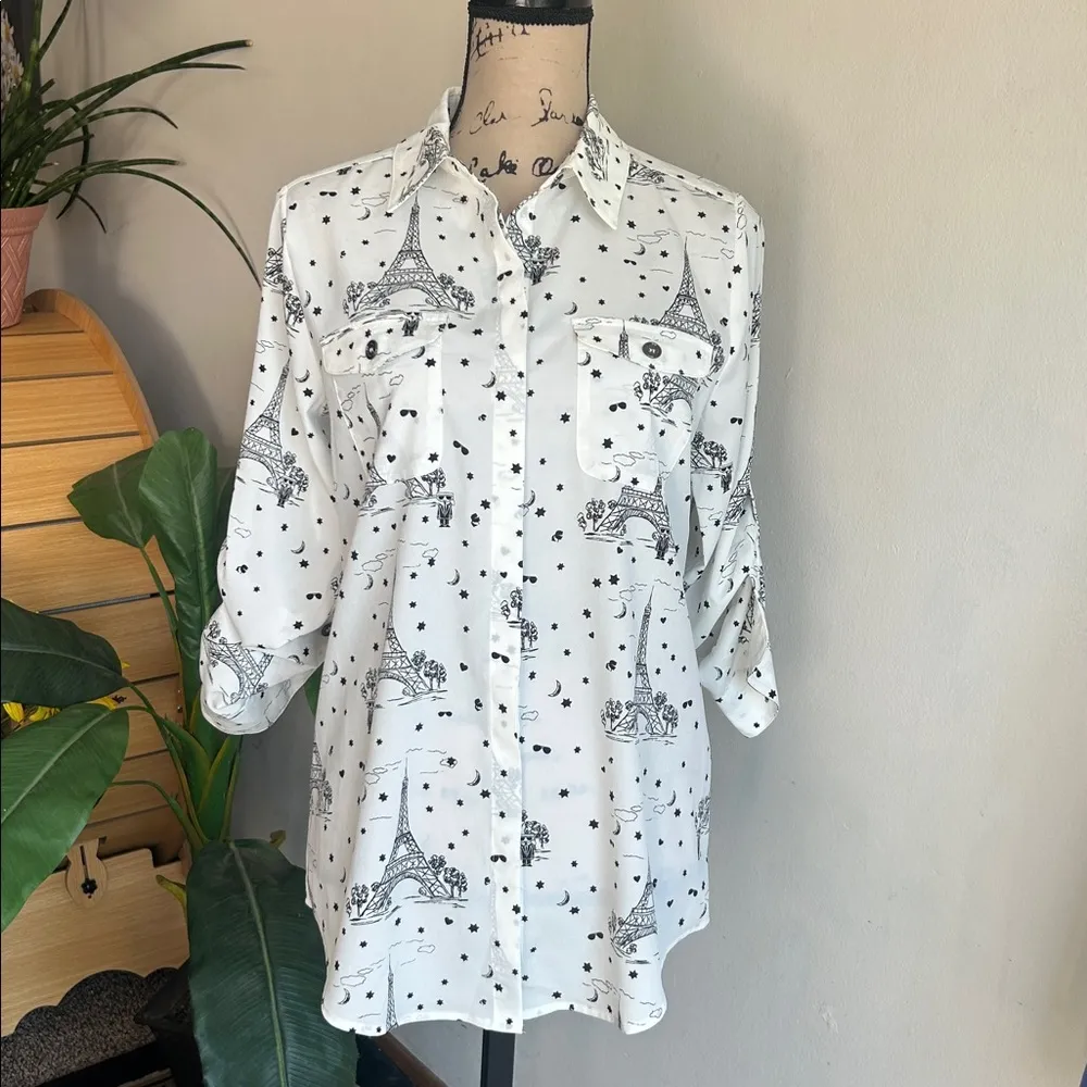 Karl Lagerfeld Button Down White Black Top Size Small - Image 8