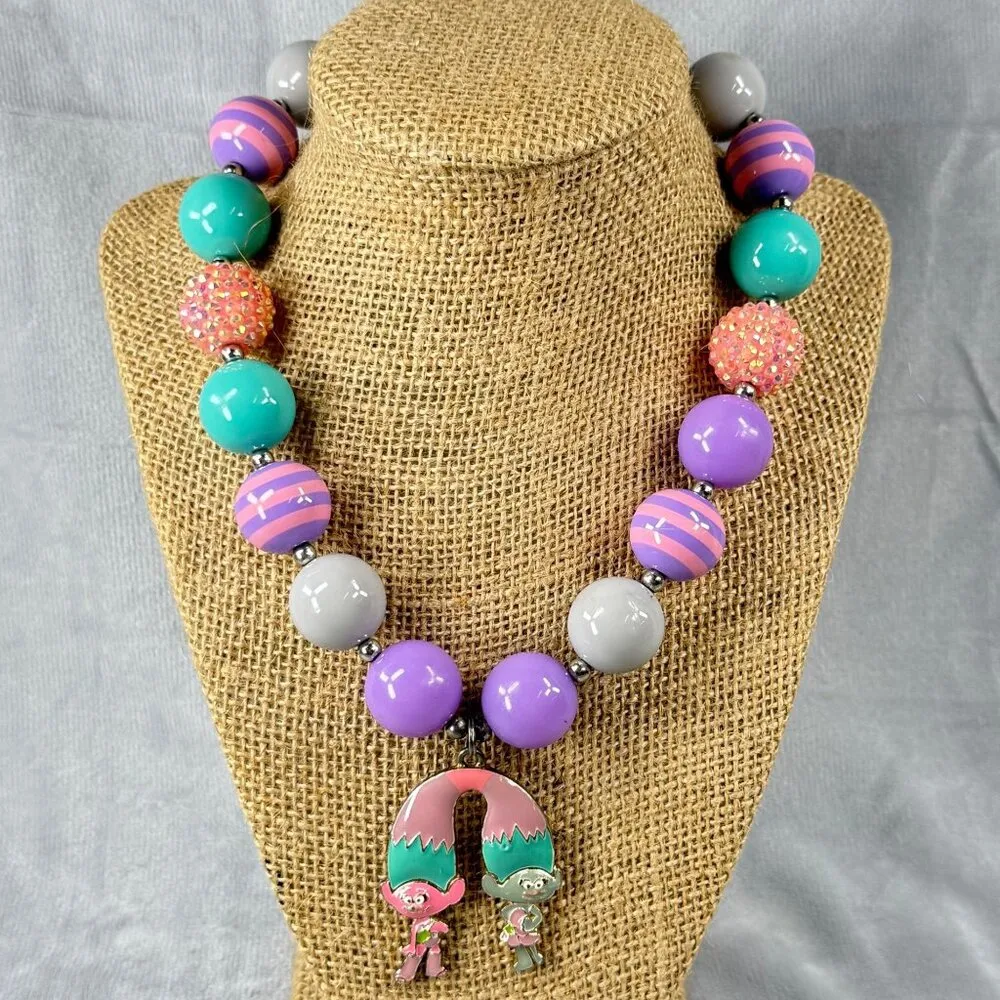 Trolls Pendant Chunky Beaded Necklace Multicolor Pastels Adjustable Women Girls Purple - Image 2