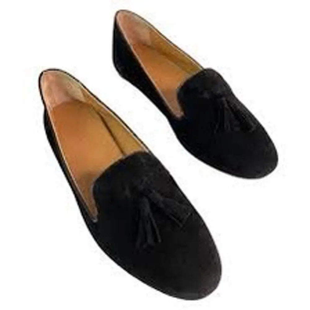 J Crew Cora Suede black Leather Tassel Loafers Moccasins F5735 Women's size 6.5 - Image 2