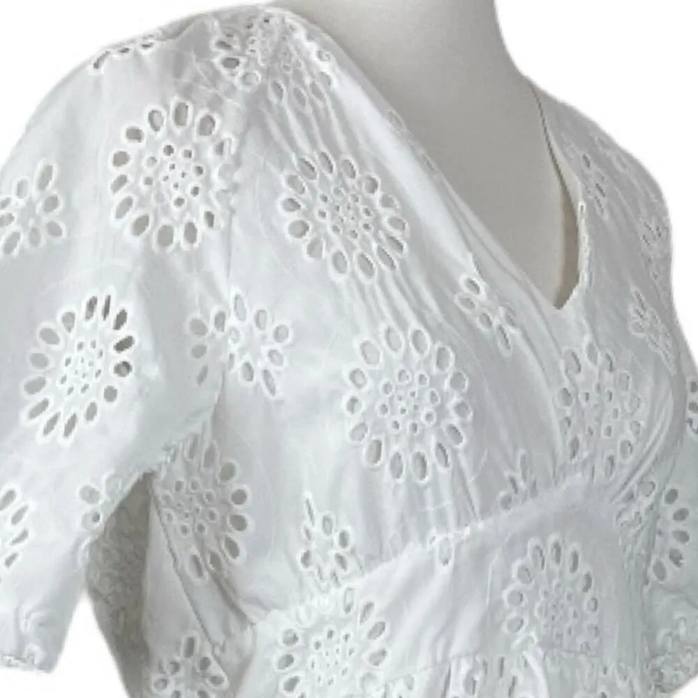 White Eyelet Lace Midi Dress Hight Waist V - Image 9