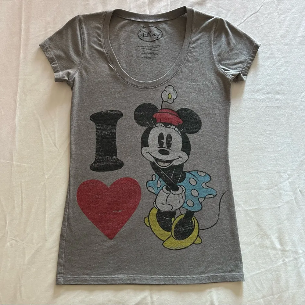 DISNEY ~ I LOVE MINNIE MOUSE Gray Scoop Neck T-Shirt ~ Size MEDIUM ~ C1222 - Image 5