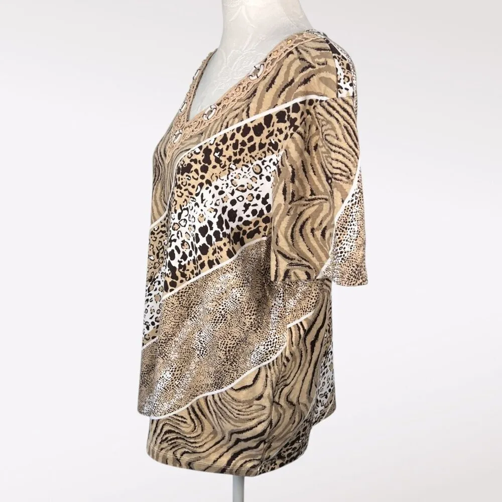 Rebecca Malone Animal Print V-Neck Top XL - Image 4