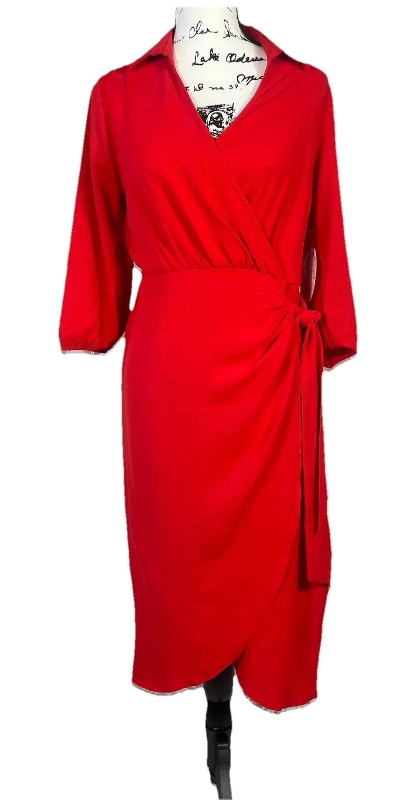 NWT Naif Red Faux Wrap Dress Midi Elastic Waist Tie Belt 3/4 Sleeve M Christmas Size M - Image 1
